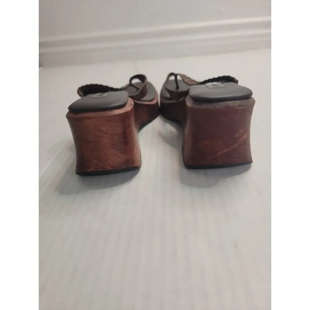 Vintage Steve Madden Chunky Wood Platform Wedge Sandals Size 7.5B Tan Boho Y2K